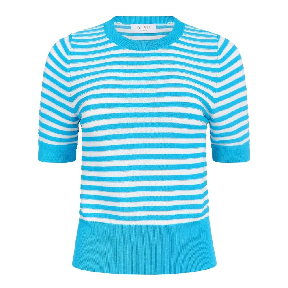 Olivia by Livro Hannah Teal White Striped Short Sleeve Sweater Blouse Small NWT